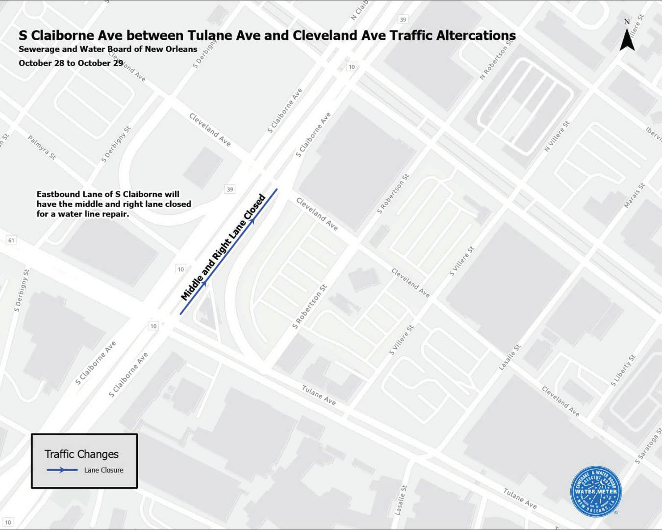Temporary Lane Closures - S Claiborne Ave from Tulane Ave to Cleveland Ave