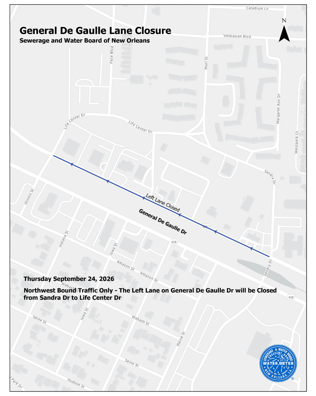 Lane Closure on General De Gaulle Dr from Sandra Dr to Life Center Dr